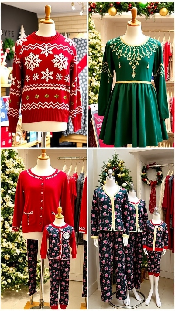 Festive Christmas Outfit Ideas A collection of stylish Christmas outfits including sweaters, dresses, and family pajamas against a festive backdrop.